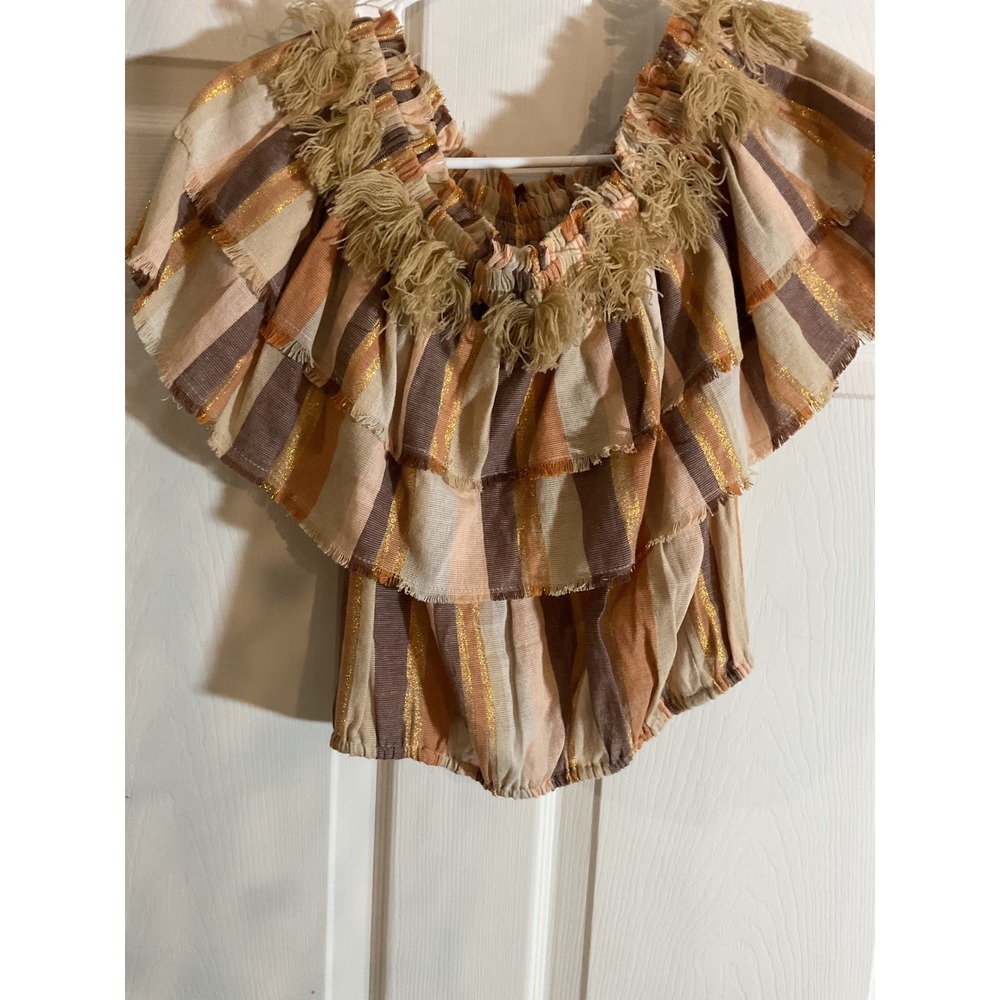 Z&L Europe Off The Shoulder Ruffle Top Tan Brown Gold Stripe Fringe Boho‎
